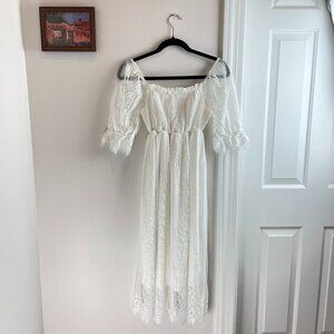 Maternity Midi White Lace Dress - For Babymoon, Photoshoots, Shower, or Wedding